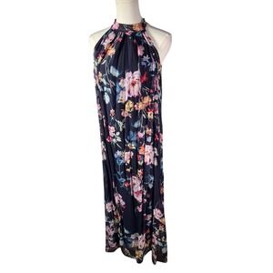 Bellambra Maxi Dress Navy Blue‎ Floral Halter Neck Sleeveless Italy Size S Silk
